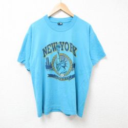 L★古着 半袖 ビンテージ Tシャツ メンズ 90年代 90s ニューヨーク クルーネック USA製 水色 25jul07 中古