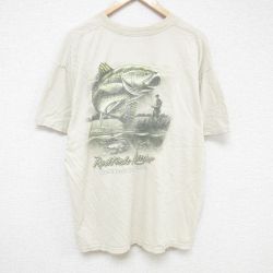 XL★古着 半袖 ビンテージ Tシャツ メンズ 00年代 00s 魚 大きいサイズ コットン クルーネック 薄ベージュ カーキ 25jul07 中古