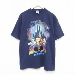 XL★古着 半袖 ビンテージ Tシャツ メンズ 00年代 00s ディズニー DISNEY ミッキー MICKEY MOUSE コットン クルーネック 紺 ネイビー 25jul08 中古