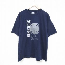 XL★古着 半袖 ビンテージ Tシャツ メンズ 00年代 00s 消防署 コットン クルーネック 紺 ネイビー 25jul08 中古