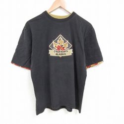 L★古着 半袖 ビンテージ Tシャツ メンズ 90年代 90s アラスカ 刺繍 コットン クルーネック 黒 ブラック 25jul08 中古