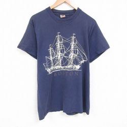 【20%OFF】L★古着 フルーツオブザルーム 半袖 ビンテージ Tシャツ メンズ 90年代 90s 船 コットン クルーネック USA製 紺 ネイビー 25jul09 中古