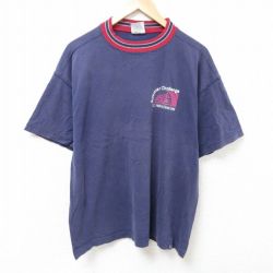 【50%OFF】XL★古着 半袖 ビンテージ Tシャツ メンズ 90年代 90s チャレンジ　コットン クルーネック USA製 紺 ネイビー 25jul10 中古