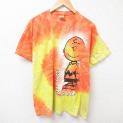 L★古着 半袖 ビンテージ Tシャツ メンズ 00年代 00s ピーナッツ チャーリーブラウン コットン クルーネック オレンジ他 タイダイ 25jul10 中古