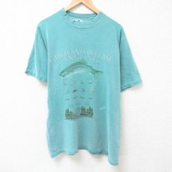 【50%OFF】L★古着 半袖 ビンテージ Tシャツ メンズ 90年代 90s 魚 コットン クルーネック USA製 緑 グリーン 25jul11 中古