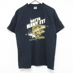 M★古着 半袖 ビンテージ Tシャツ メンズ 00年代 00s 魚 コットン クルーネック 黒 ブラック 25jul11 中古