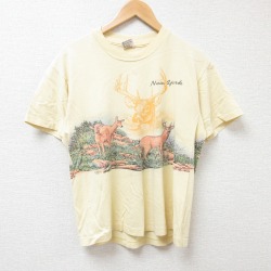 M★古着 半袖 ビンテージ Tシャツ メンズ コットン クルーネック USA製 濃黄 イエロー 25jul14 中古