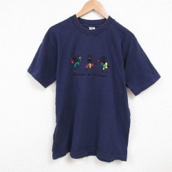 L★古着 フルーツオブザルーム 半袖 ビンテージ Tシャツ メンズ 90年代 90s ジャマイカン 刺繍 コットン クルーネック USA製 紺 ネイビー 25jul16 中古
