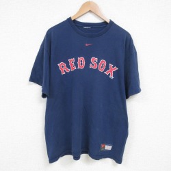 XL★古着 ナイキ NIKE 半袖 ビンテージ Tシャツ メンズ 00年代 00s MLB ボストンレッドソックス 大きいサイズ クルーネック 紺 ネイビー メジャーリーグ ベースボール 野球 25jul16 中古
