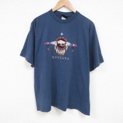 XL★古着 SIGNAL 半袖 ビンテージ Tシャツ メンズ 90年代 90s モンタナ 刺繍 クルーネック USA製 紺 ネイビー 霜降り 25jul16 中古