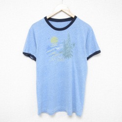 【50%OFF】M★古着 半袖 ビンテージ Tシャツ メンズ 80年代 80s 木 クルーネック 薄紺 ネイビー 霜降り リンガー 25jul16 中古