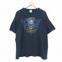 XL★古着 半袖 ビンテージ Tシャツ メンズ 00年代 00s スカルウィング コットン クルーネック 黒 ブラック 25aug25 中古