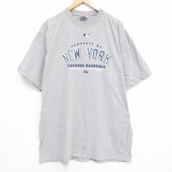 【50%OFF】XL★古着 マジェスティック 半袖 ビンテージ Tシャツ メンズ 00年代 00s MLB ニューヨークヤンキース 大きいサイズ ロング丈 クルーネック グレー 霜降り メジャーリーグ ベースボール 野球 25aug07 中古