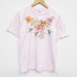 【50%OFF】M★古着 半袖 ビンテージ Tシャツ メンズ 00年代 00s 鳥 チョウ コットン クルーネック 薄ピンク 25aug08 中古