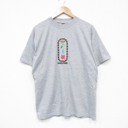 L★古着 半袖 ビンテージ Tシャツ メンズ 00年代 00s ライオン 刺繍 コットン クルーネック グレー 霜降り 25aug12 中古