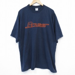 XL★古着 BOSS 半袖 ビンテージ Tシャツ メンズ 00年代 00s ビッグロゴ 刺繍 大きいサイズ コットン クルーネック 濃紺 ネイビー 25aug13 中古