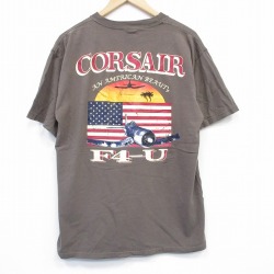 L★古着 半袖 ビンテージ Tシャツ メンズ 00年代 00s 戦闘機 コットン クルーネック 茶 ブラウン 25aug13 中古