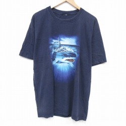 【20%OFF】XL★古着 半袖 ビンテージ Tシャツ メンズ 00年代 00s サメ 大きいサイズ クルーネック 紺 ネイビー 25aug19 中古
