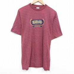 L★古着 半袖 ビンテージ Tシャツ メンズ 00年代 00s カンザスジェイホークス 刺繍 コットン クルーネック USA製 エンジ ボーダー 25aug28 中古