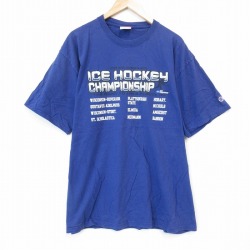 XL★古着 チャンピオン champion 半袖 ビンテージ Tシャツ メンズ 00年代 00s アイスホッケー 大きいサイズ コットン クルーネック 薄紺 ネイビー 25aug26 中古