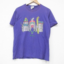 M★古着 ヘインズ Hanes 半袖 ビンテージ Tシャツ メンズ 90年代 90s ネコ 両面プリント コットン クルーネック USA製 紫 パープル 25sep04 中古