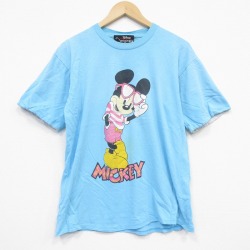 【20%OFF】L★古着 半袖 ビンテージ Tシャツ メンズ 90年代 90s ディズニー DISNEY ミッキー MICKEY MOUSE コットン クルーネック USA製 水色 【spe】 25sep06 中古