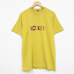 【20%OFF】L★古着 フルーツオブザルーム 半袖 ビンテージ Tシャツ メンズ 90年代 90s ディズニー DISNEY ミッキー MICKEY MOUSE 刺繍 コットン クルーネック USA製 黄 イエロー 25sep09 中古