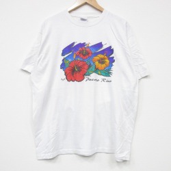 XL★古着 ヘインズ Hanes 半袖 ビンテージ Tシャツ メンズ 90年代 90s ハイビスカス クルーネック USA製 白 ホワイト 25sep09 中古