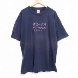 XL★古着 半袖 ビンテージ Tシャツ メンズ 90年代 90s ヨット 刺繍 大きいサイズ コットン クルーネック USA製 紺 ネイビー 25sep10 中古