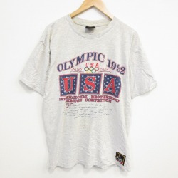 XL★古着 半袖 ビンテージ Tシャツ メンズ 90年代 90s USAオリンピック 大きいサイズ コットン クルーネック 薄グレー 霜降り 25sep19 中古