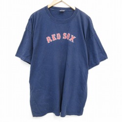 XL★古着 半袖 ビンテージ Tシャツ メンズ 00年代 00s MLB ボストンレッドソックス 大きいサイズ コットン クルーネック 紺 ネイビー メジャーリーグ ベースボール 野球 25sep19 中古