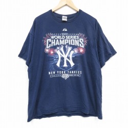 XL★古着 半袖 ビンテージ Tシャツ メンズ 00年代 00s MLB ニューヨークヤンキース 大きいサイズ コットン クルーネック 紺 ネイビー メジャーリーグ ベースボール 野球 25sep19 中古