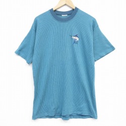 L★古着 半袖 ビンテージ Tシャツ メンズ 90年代 90s 魚 GUY HARVEY クルーネック 青緑 ストライプ 25sep19 中古