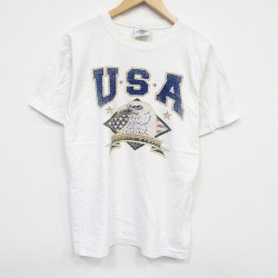 L★古着 半袖 ビンテージ Tシャツ メンズ 90年代 90s USAロゴ コットン クルーネック USA製 白 ホワイト ボーダー 25sep26 中古