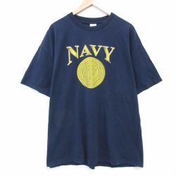 XL★古着 半袖 ビンテージ Tシャツ メンズ 00年代 00s ミリタリー ネイビー NAVY 大きいサイズ コットン クルーネック 紺 26mar23