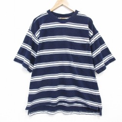 XL★古着 半袖 ビンテージ Tシャツ メンズ 00年代 00s 鹿の子 胸ポケット付き 大きいサイズ クルーネック 紺 ボーダー 26mar23