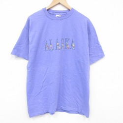 XL★古着 半袖 ビンテージ Tシャツ メンズ 90年代 90s アラスカ 刺繍 コットン クルーネック USA製 薄紫 26mar31