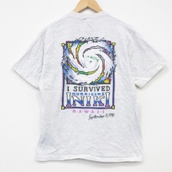 L★古着 Crazy Shirts 半袖 ビンテージ Tシャツ メンズ 90年代 90s ハリケーンイニキ コットン クルーネック USA製 薄グレー 霜降り【spe】 26apr02