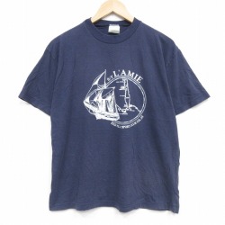 L★古着 半袖 ビンテージ Tシャツ メンズ 80年代 80s 船 コットン クルーネック 紺 26apr02