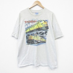 XL★古着 ヘインズ 半袖 ビンテージ Tシャツ メンズ 00年代 00s ユニオンパシフィック鉄道 大きいサイズ コットン クルーネック 薄グレー 霜降り 26apr04