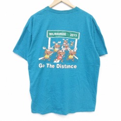 XL★古着 半袖 Tシャツ メンズ シカ 大きいサイズ クルーネック 青緑 霜降り 26apr02