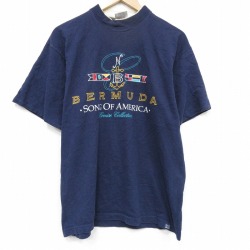 L★古着 半袖 ビンテージ Tシャツ メンズ 90年代 90s バミューダ コットン クルーネック USA製 紺 26apr25