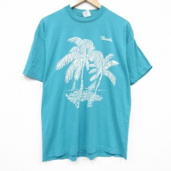 XL★古着 半袖 ビンテージ Tシャツ メンズ 90年代 90s ヤシの木 クルーネック 薄緑 26apr25