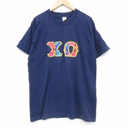 XL★古着 フルーツオブザルーム 半袖 ビンテージ Tシャツ メンズ 90年代 90s ギリシャ文字 ロング丈 コットン クルーネック USA製 紺【spe】 26apr30