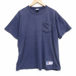 XL★古着 ラッセル 半袖 ビンテージ Tシャツ メンズ 90年代 90s 無地 胸ポケット付き 大きいサイズ コットン クルーネック USA製 ネイビー【spe】 26may25