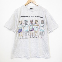 XL★古着 オニータ ONEITA 半袖 ビンテージ Tシャツ メンズ 90年代 90s ネコ 両面プリント コットン クルーネック グレー 霜降り【spe】 26may26