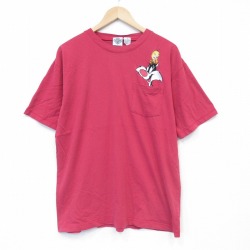 L★古着 半袖 ビンテージ Tシャツ メンズ 90年代 90s ルーニーテューンズ シルベスター トゥイーティー 胸ポケット付き コットン クルーネック ピンク【spe】 26may28