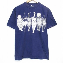 M★古着 ヘインズ 半袖 ビンテージ Tシャツ メンズ 80年代 80s ネコ 両面プリント コットン クルーネック USA製 ネイビー【spe】 26may29