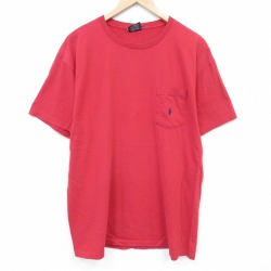 XL★古着 ラルフローレン 半袖 ビンテージ ブランド Tシャツ メンズ 90年代 90s ワンポイントロゴ 胸ポケット付き 大きいサイズ コットン クルーネック USA製 レッド【spe】 26jun10