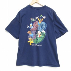 XL★古着 ヘインズ 半袖 ビンテージ Tシャツ メンズ 00年代 00s ディズニー ミッキー 大きいサイズ コットン クルーネック ネイビー 26jun26